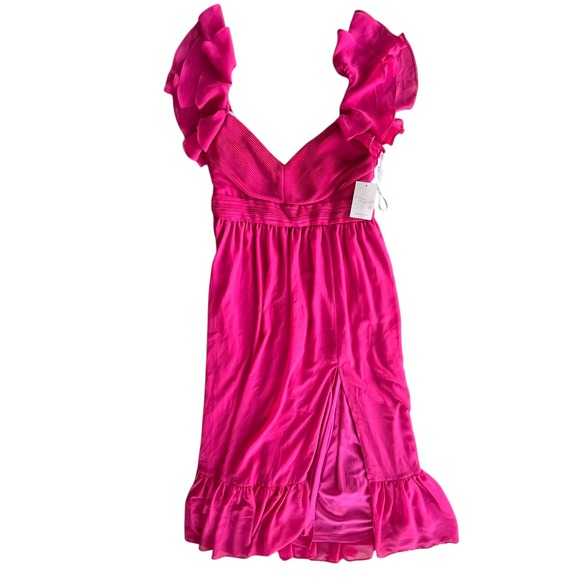 Birdy Grey Lg Michelle Chiffon Fuchsia Pink Dress Ruffle Sleeves Slit  Bridesmaid - mordernwear.com